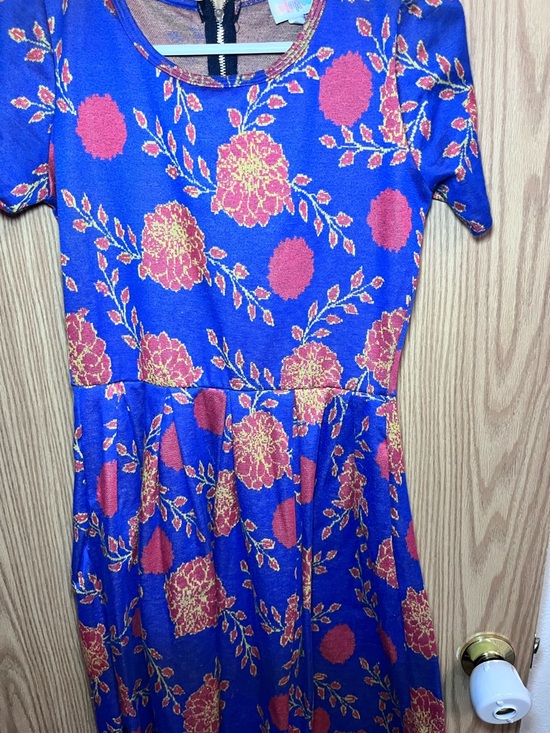 LuLaRoe Royal Blue Dress with Red and Gold Floral Print - Picture 2 of 5